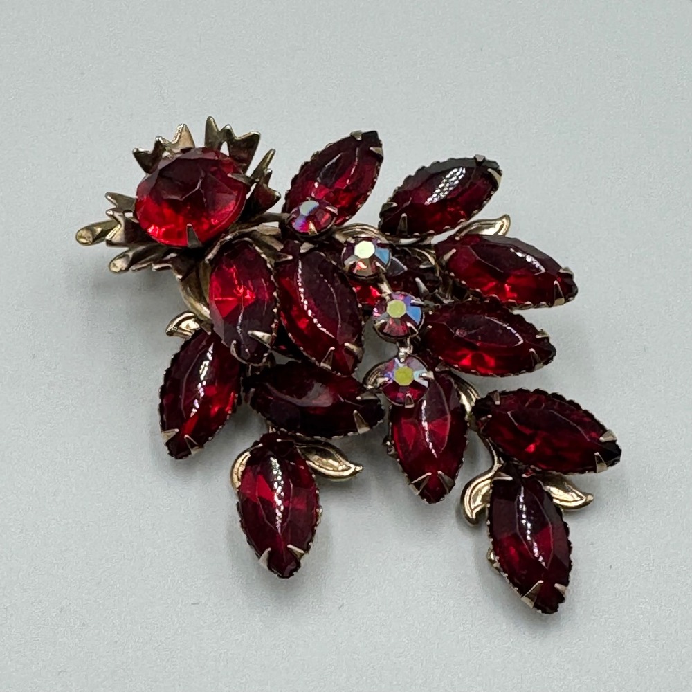 Vintage Ruby Red Rhinestone Floral Brooch Gold Tone AB Accents Marquise Pin
